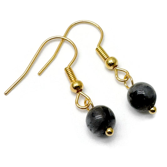 Tiny Larvikite Bead Earrings, 29mm Long on Gold Tone Hooks