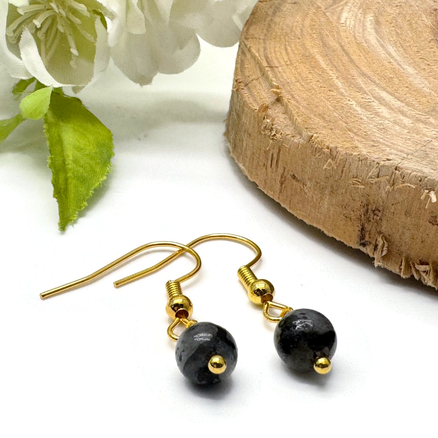 Tiny Larvikite Bead Earrings, 29mm Long on Gold Tone Hooks