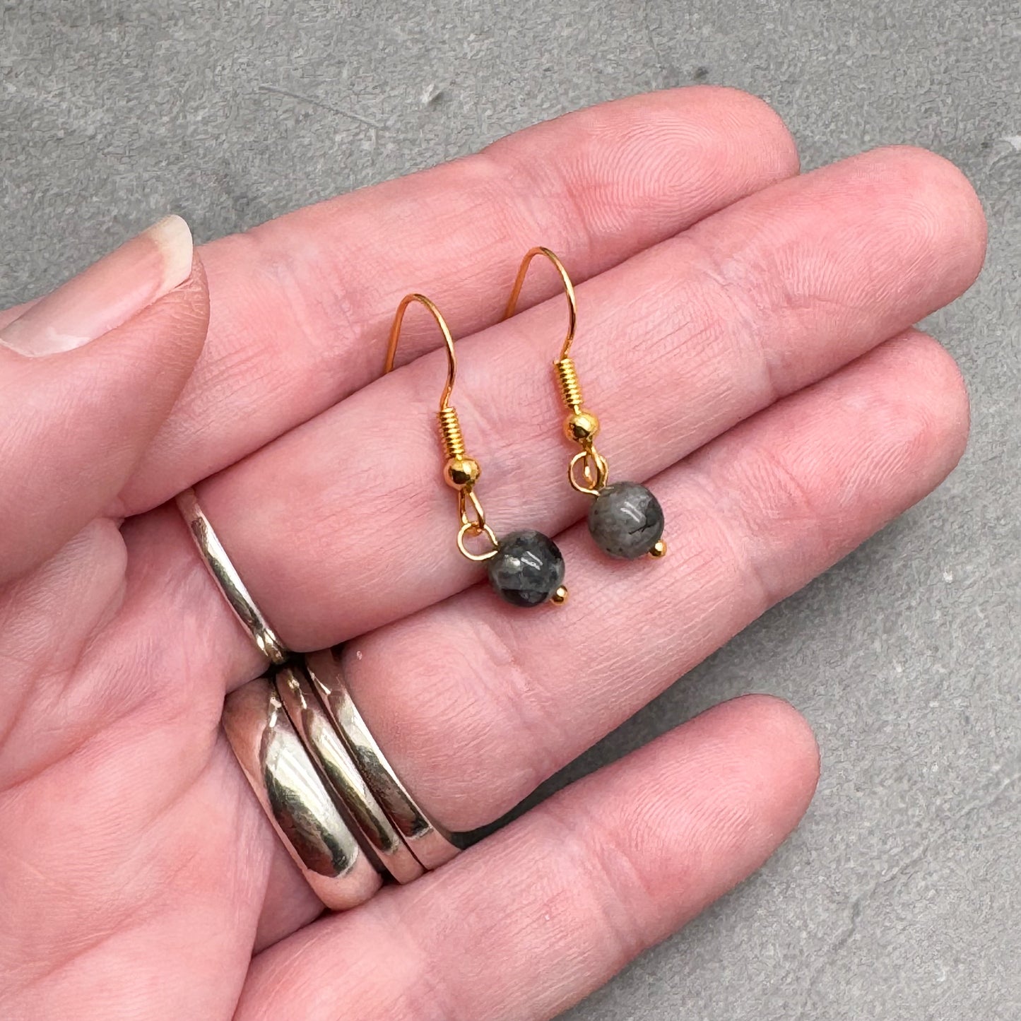 Tiny Larvikite Bead Earrings, 29mm Long on Gold Tone Hooks