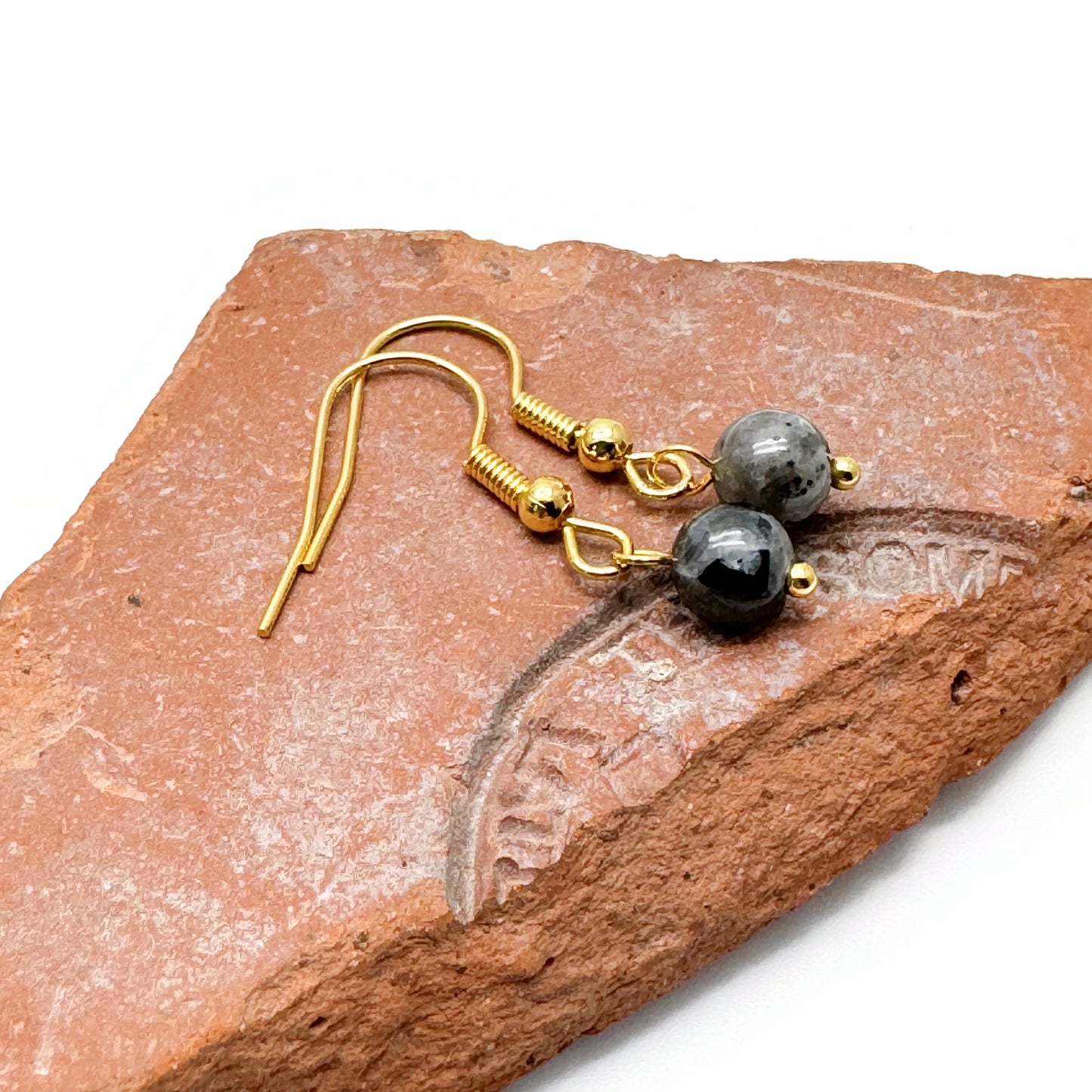 Tiny Larvikite Bead Earrings, 29mm Long on Gold Tone Hooks