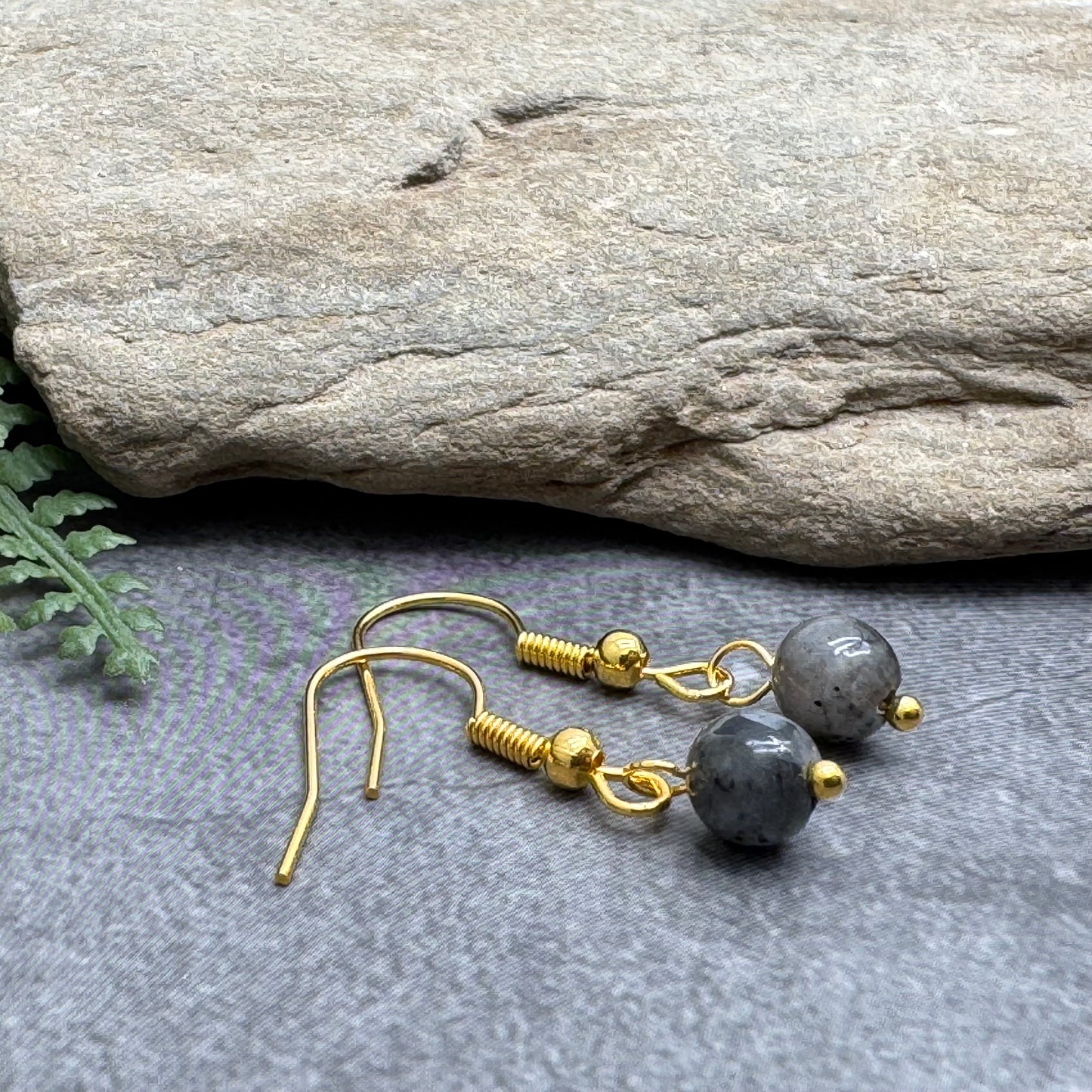 Tiny Larvikite Bead Earrings, 29mm Long on Gold Tone Hooks
