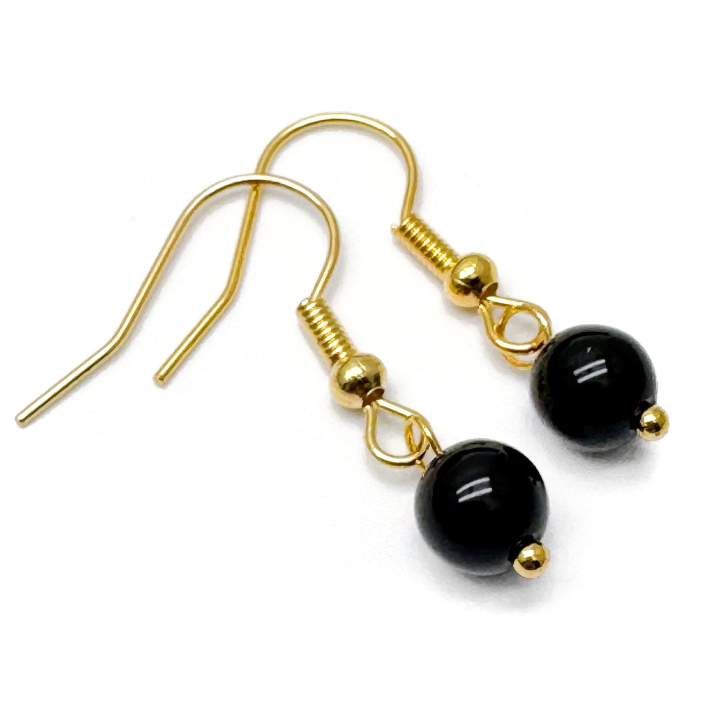 Tiny Black Onyx Bead Earrings, 29mm Long on Gold Tone Hooks