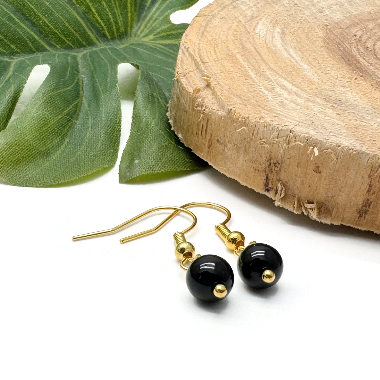 Tiny Black Onyx Bead Earrings, 29mm Long on Gold Tone Hooks