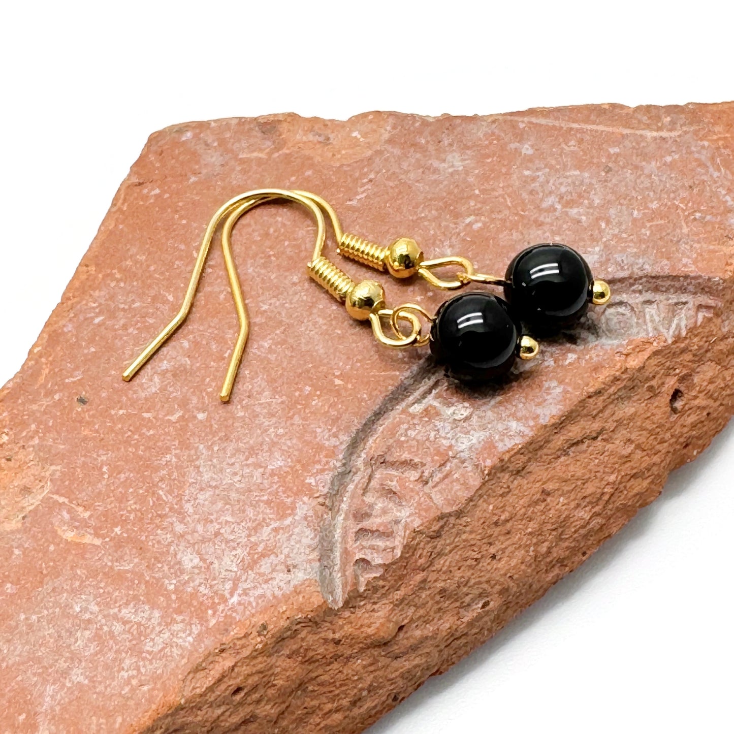 Tiny Black Onyx Bead Earrings, 29mm Long on Gold Tone Hooks