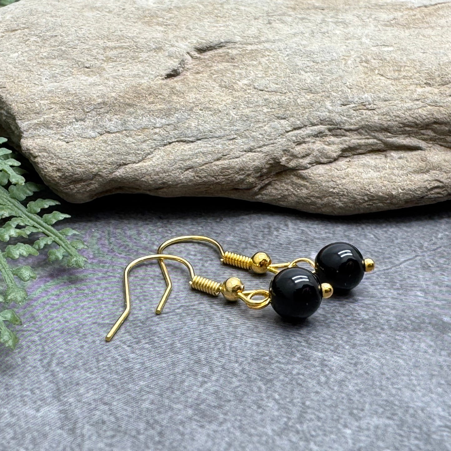 Tiny Black Onyx Bead Earrings, 29mm Long on Gold Tone Hooks