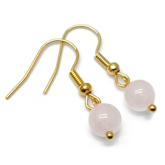 Tiny Rose Quartz Bead Earrings, 29mm Long on Gold Tone Hooks