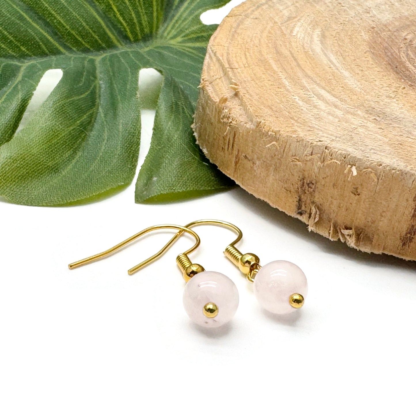 Tiny Rose Quartz Bead Earrings, 29mm Long on Gold Tone Hooks