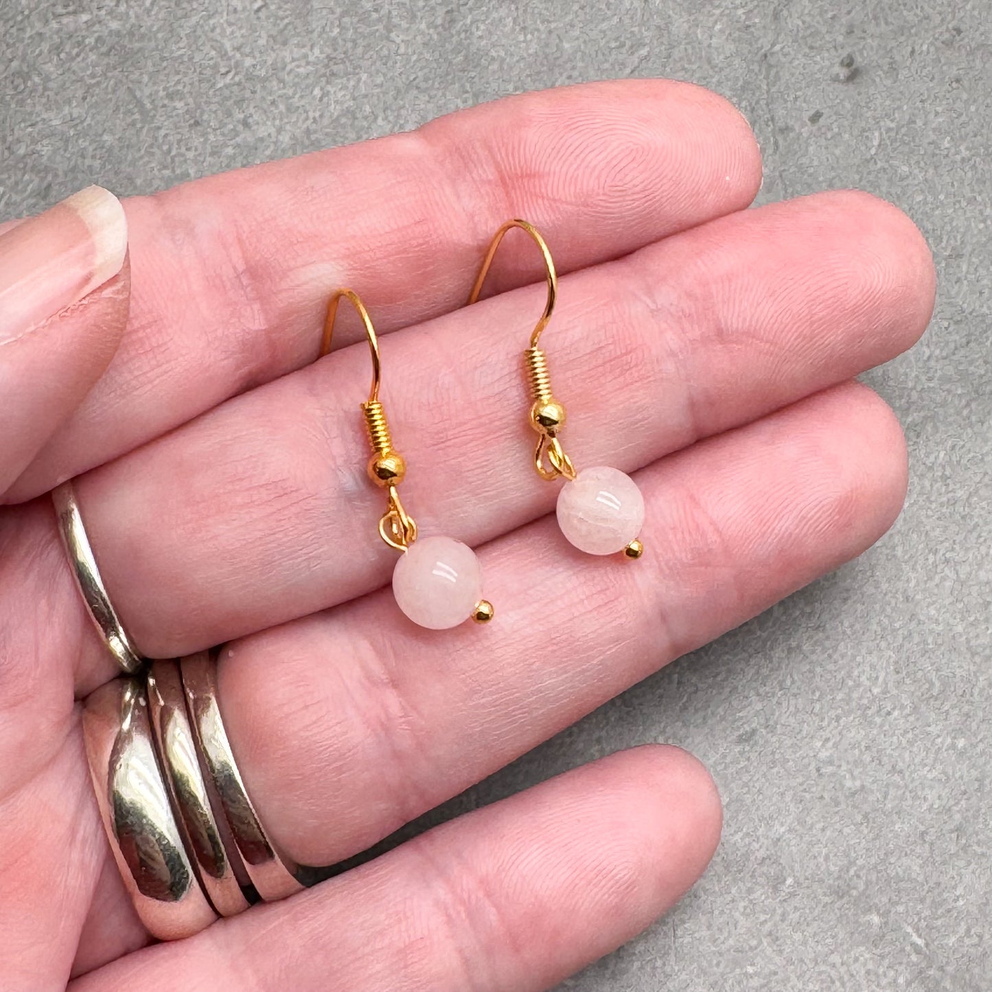 Tiny Rose Quartz Bead Earrings, 29mm Long on Gold Tone Hooks