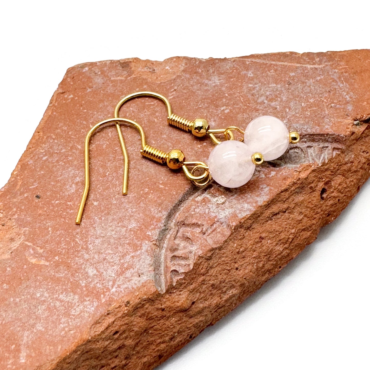 Tiny Rose Quartz Bead Earrings, 29mm Long on Gold Tone Hooks