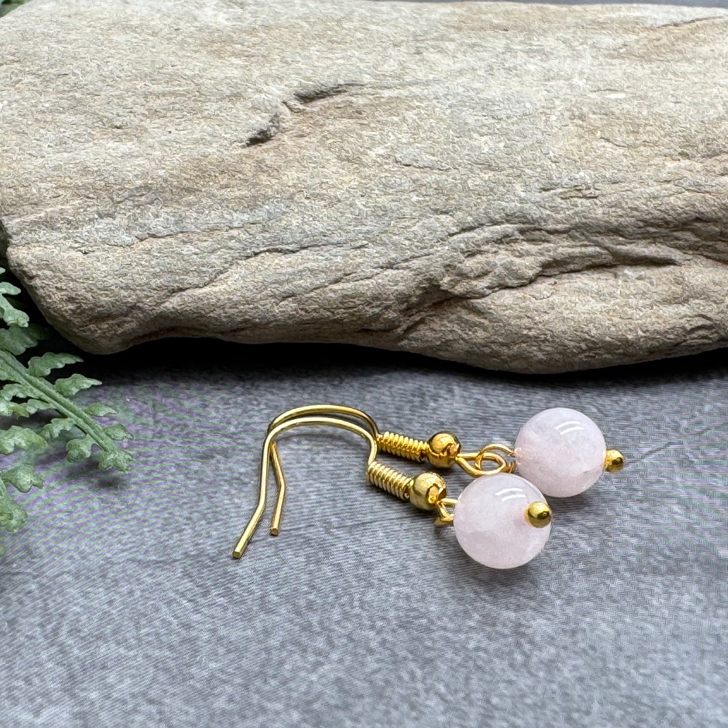 Tiny Rose Quartz Bead Earrings, 29mm Long on Gold Tone Hooks