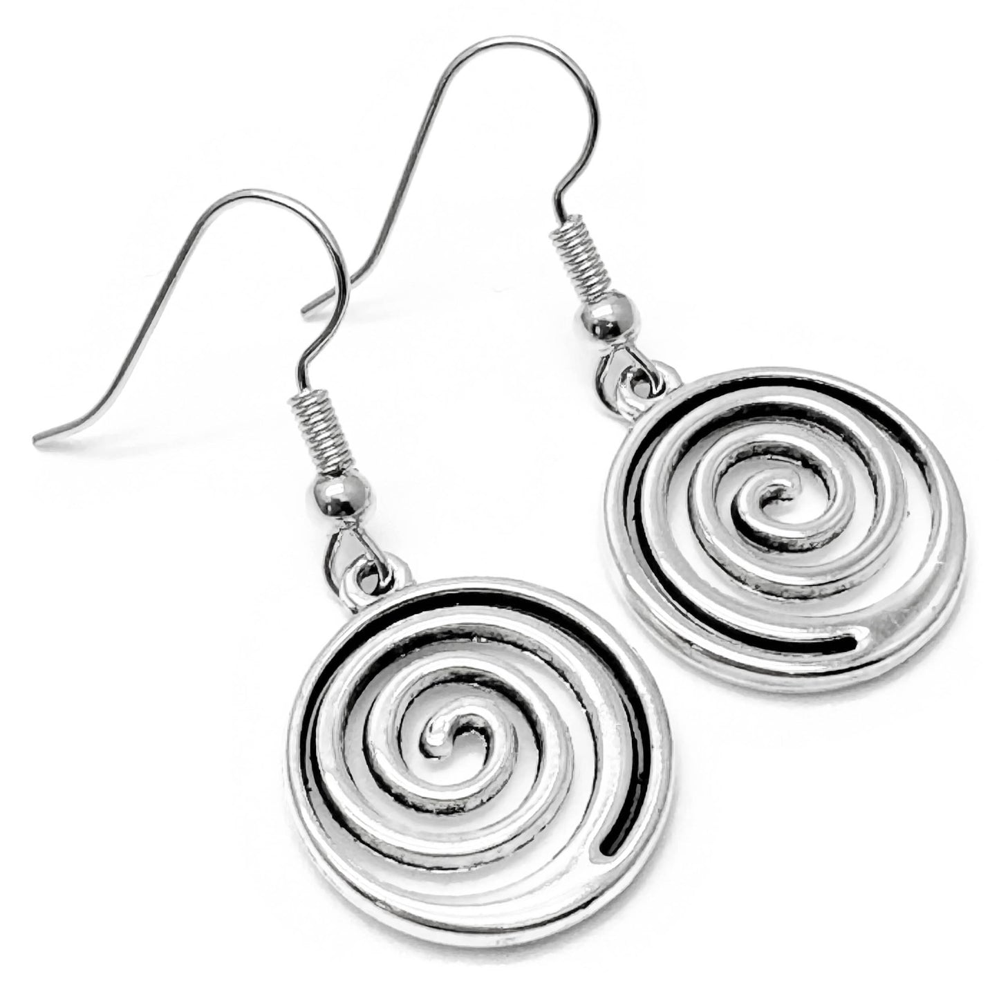 Swirly Spiral Earrings, Cute Round Tibetan Silver Tone Charms