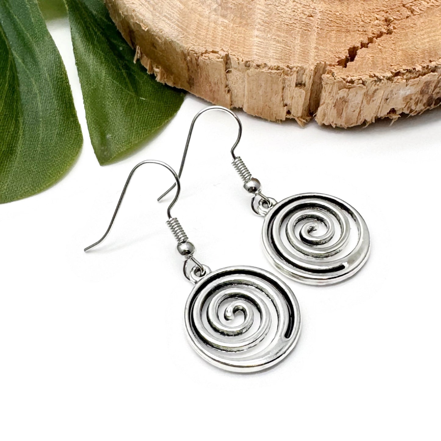 Swirly Spiral Earrings, Cute Round Tibetan Silver Tone Charms