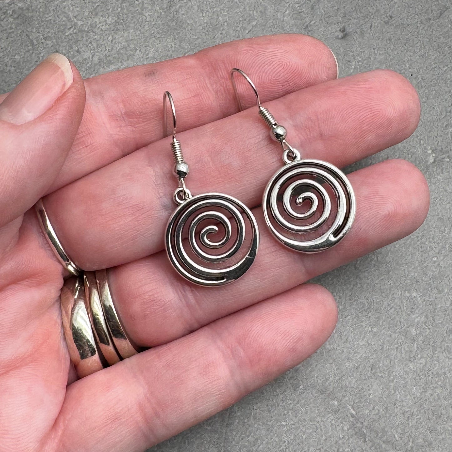 Swirly Spiral Earrings, Cute Round Tibetan Silver Tone Charms