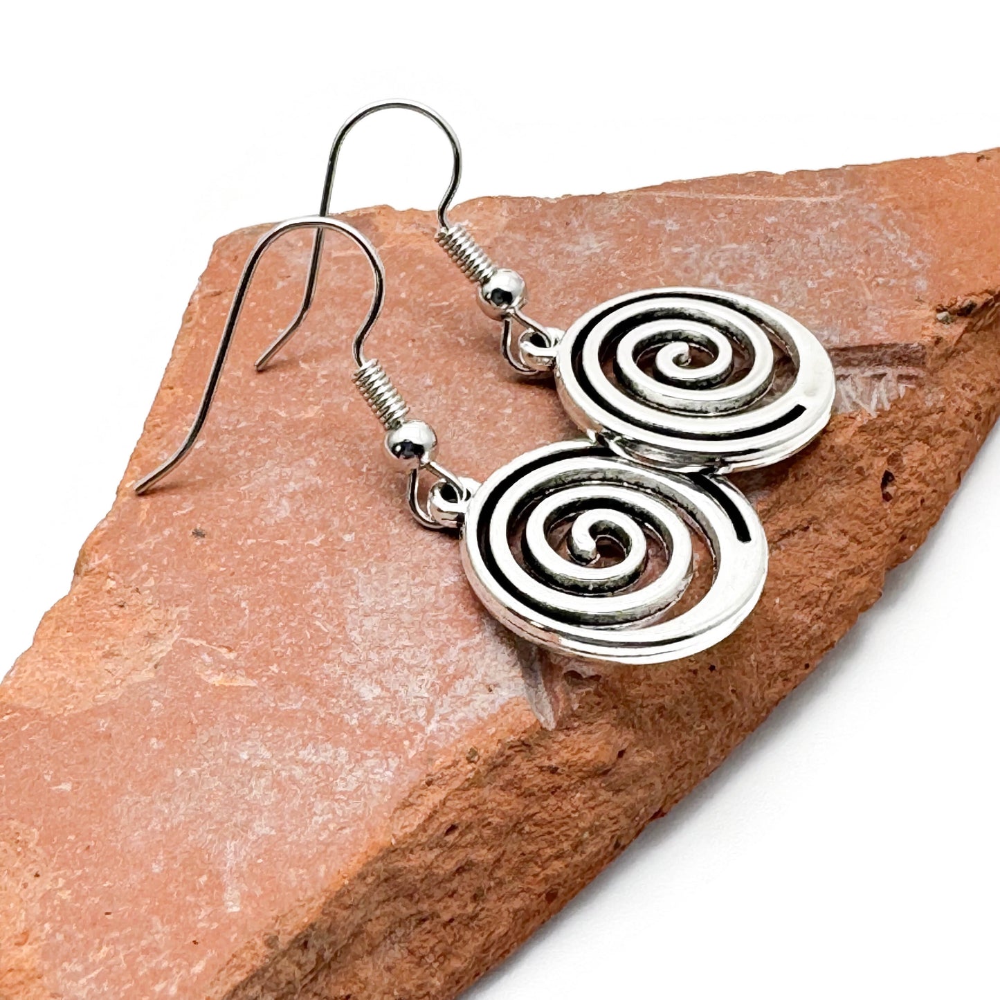 Swirly Spiral Earrings, Cute Round Tibetan Silver Tone Charms