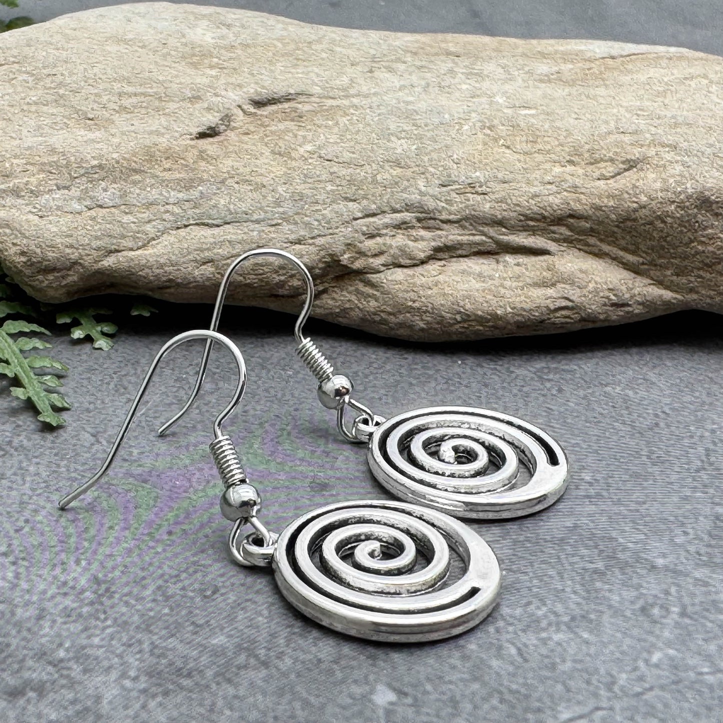 Swirly Spiral Earrings, Cute Round Tibetan Silver Tone Charms