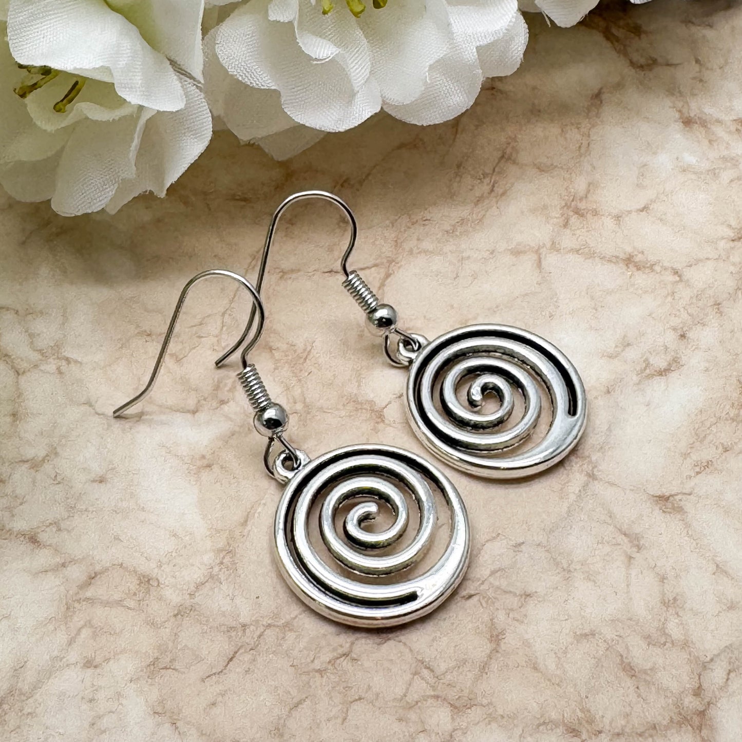 Swirly Spiral Earrings, Cute Round Tibetan Silver Tone Charms