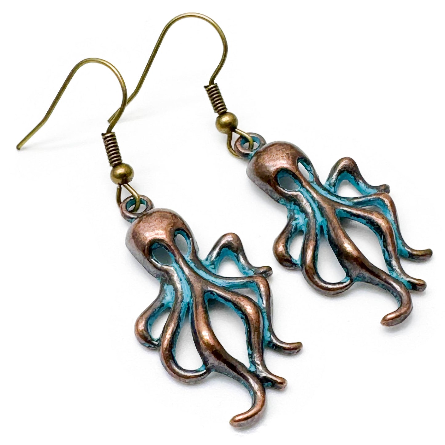 Octopus Earrings, Antique Bronze Tone Charms with Turquoise Patina