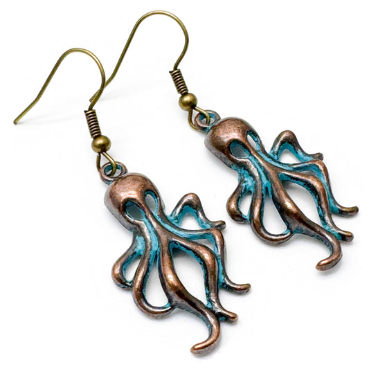 Octopus Earrings, Antique Bronze Tone Charms with Turquoise Patina