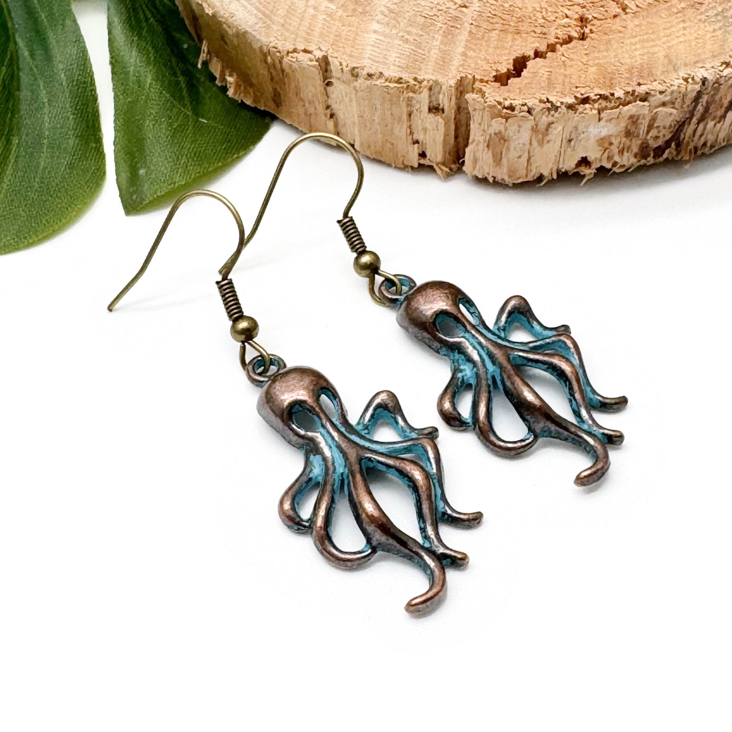 Octopus Earrings, Antique Bronze Tone Charms with Turquoise Patina