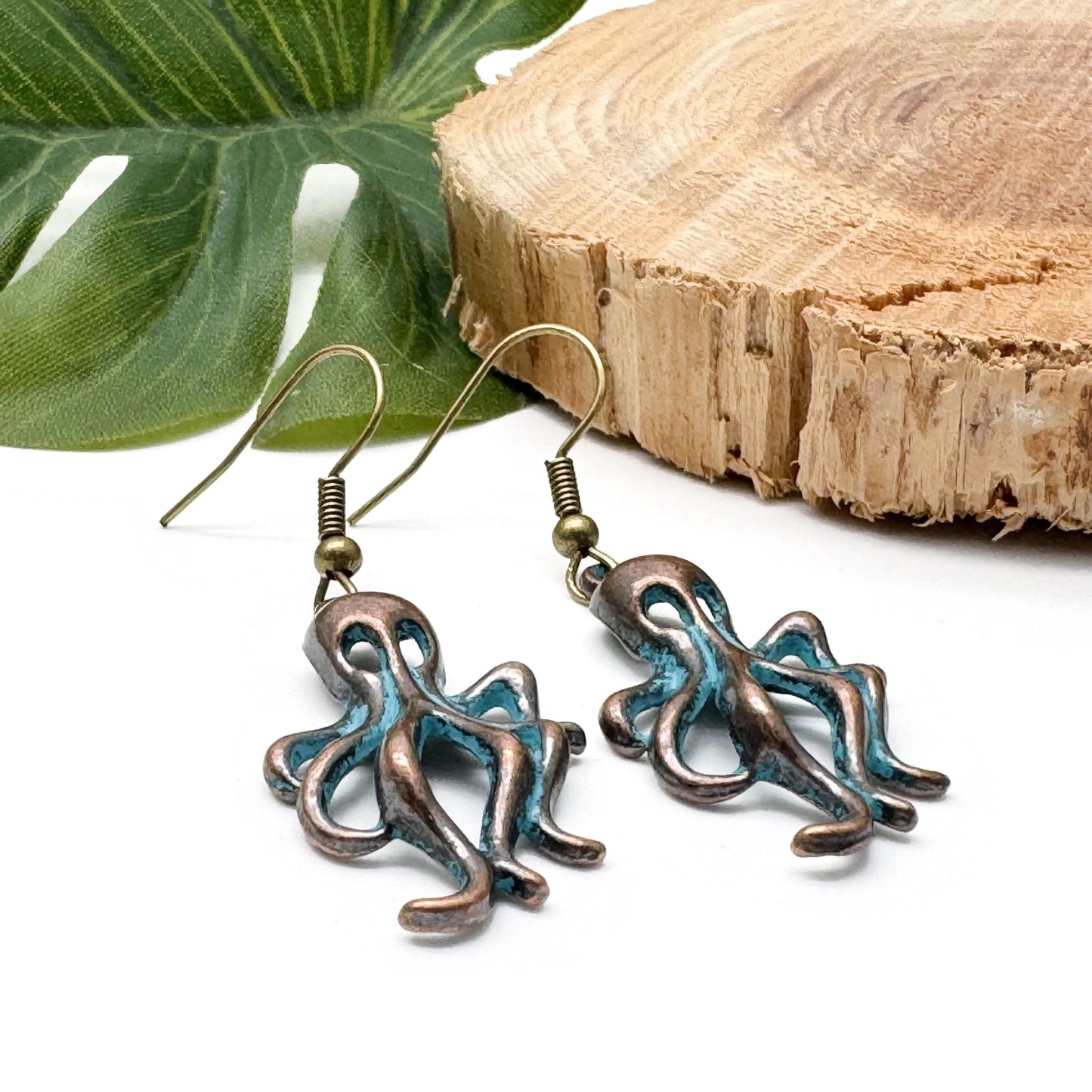 Octopus Earrings, Antique Bronze Tone Charms with Turquoise Patina
