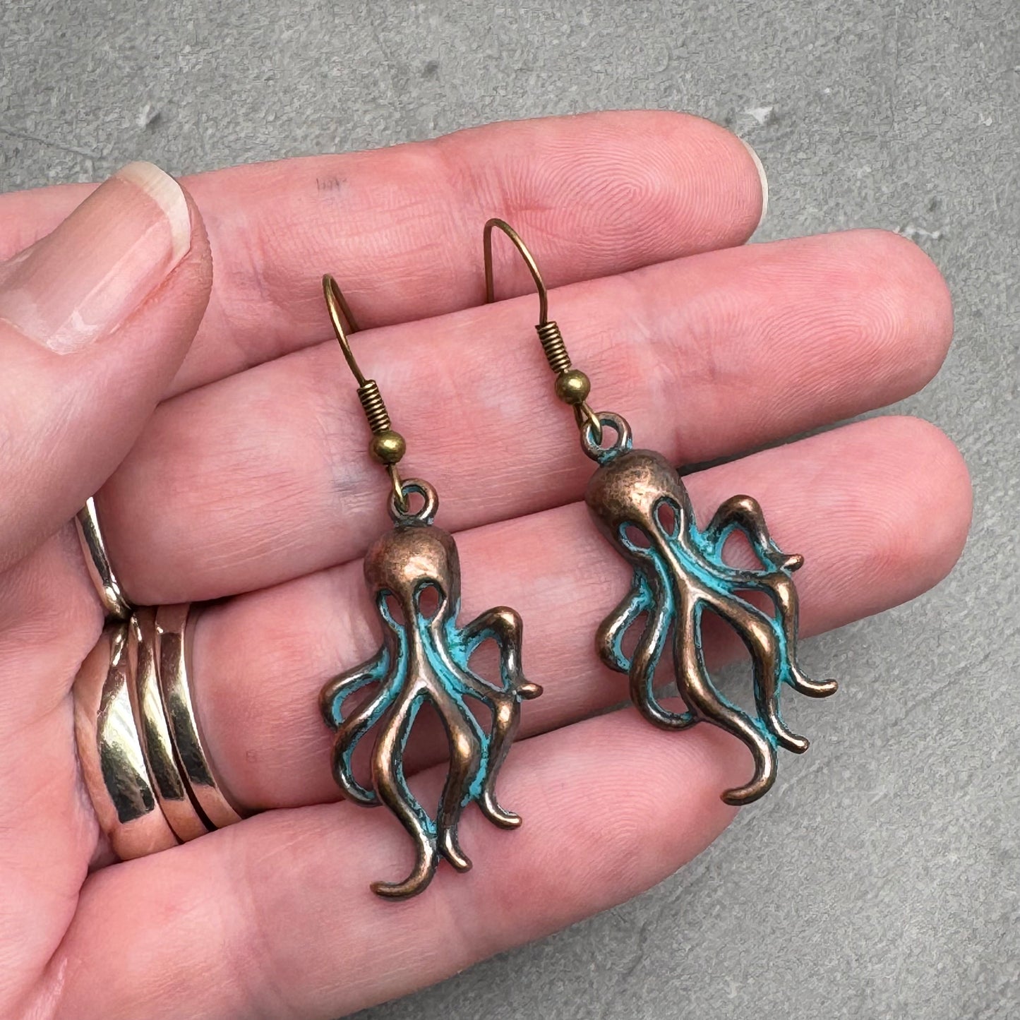 Octopus Earrings, Antique Bronze Tone Charms with Turquoise Patina