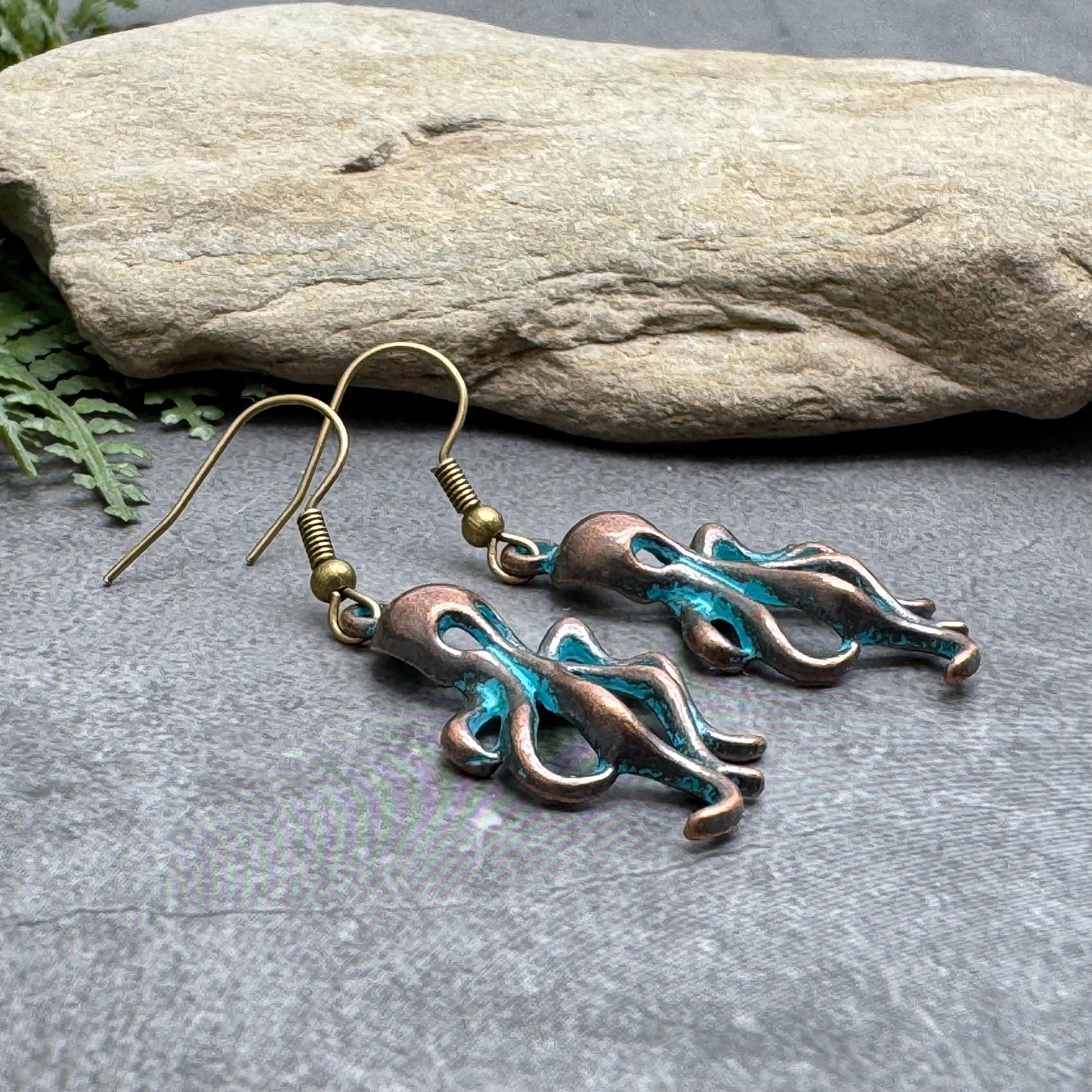 Octopus Earrings, Antique Bronze Tone Charms with Turquoise Patina
