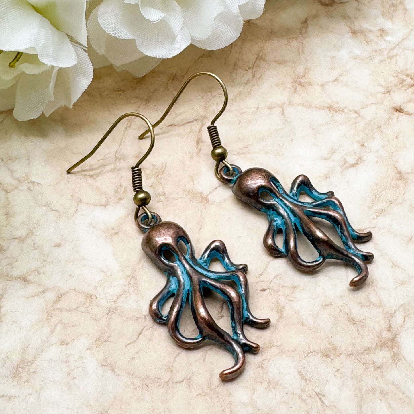 Octopus Earrings, Antique Bronze Tone Charms with Turquoise Patina