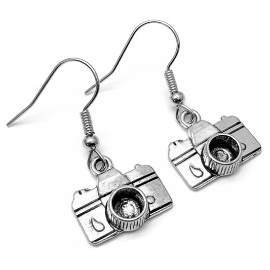 Camera Earrings, Silver Plated Photography Charm Beads
