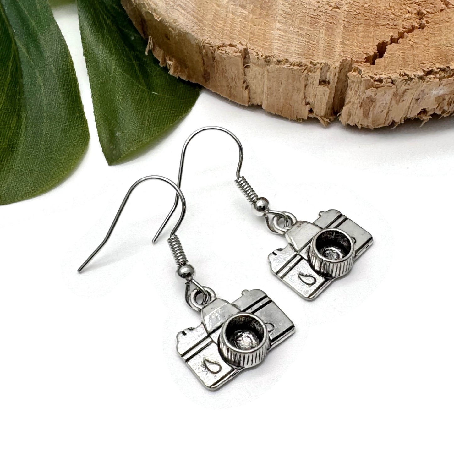 Camera Earrings, Silver Plated Photography Charm Beads