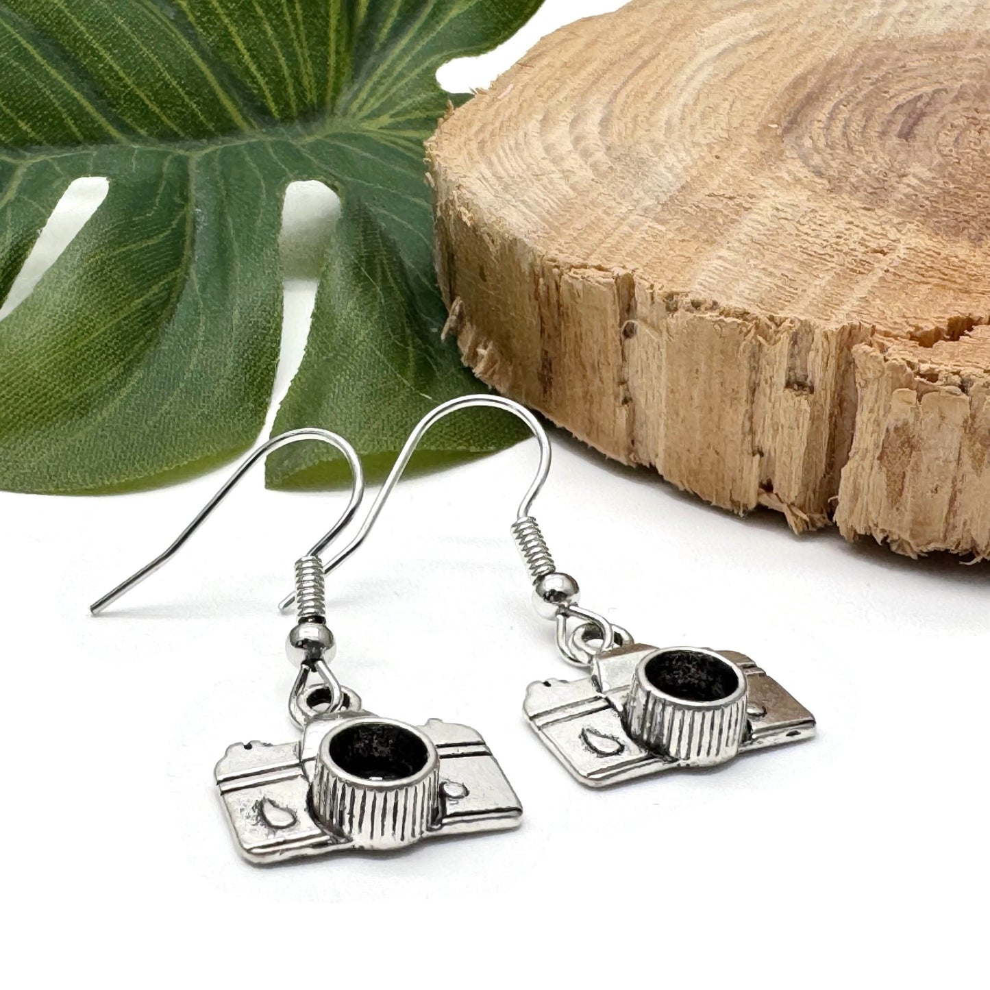 Camera Earrings, Silver Plated Photography Charm Beads