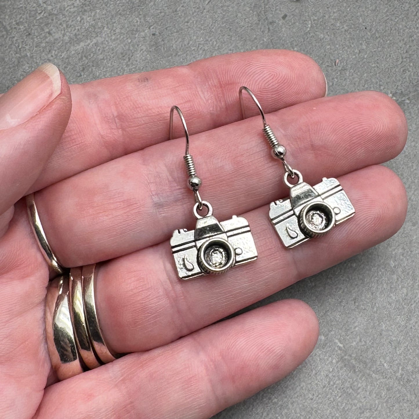Camera Earrings, Silver Plated Photography Charm Beads