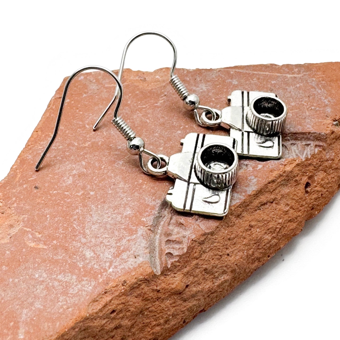 Camera Earrings, Silver Plated Photography Charm Beads