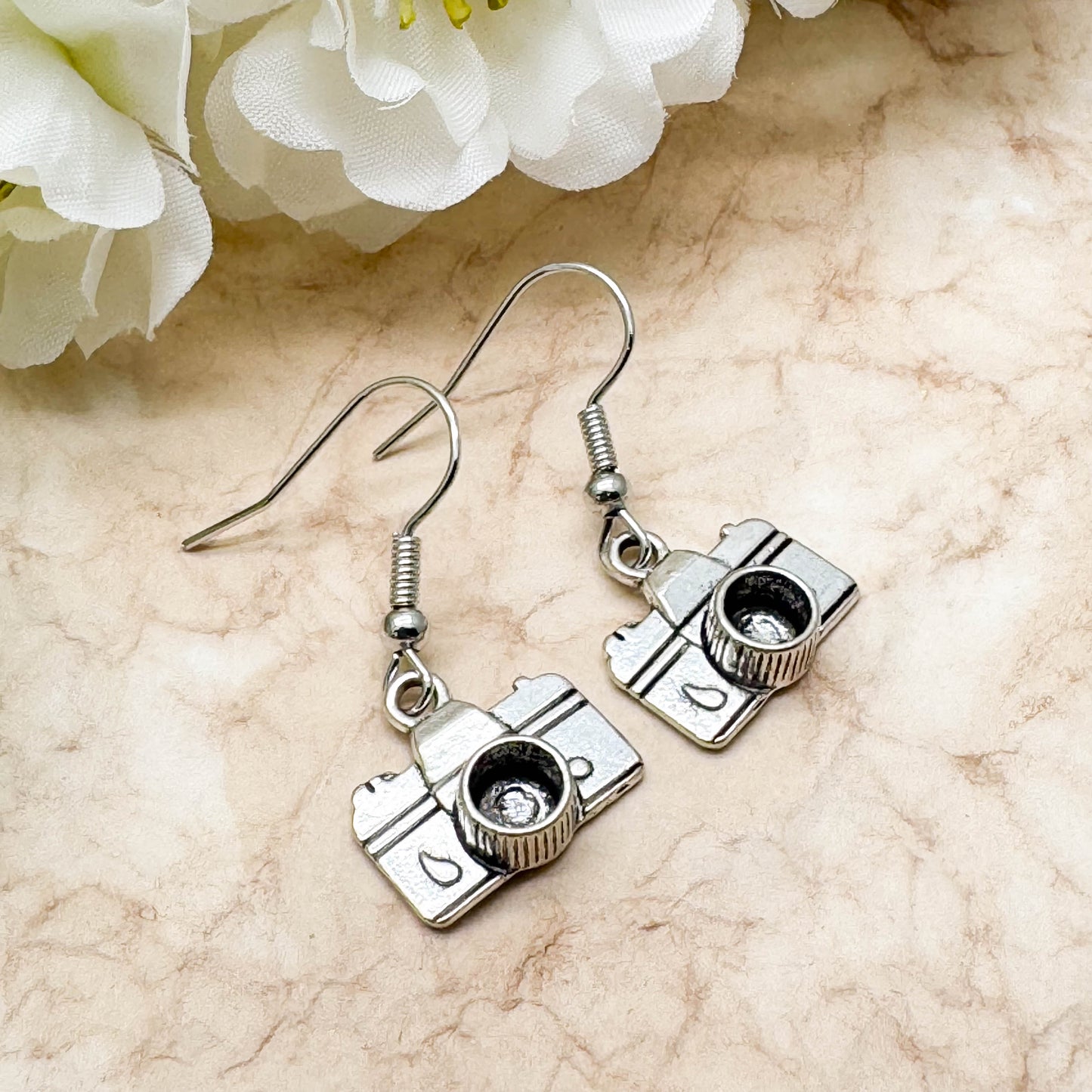 Camera Earrings, Silver Plated Photography Charm Beads