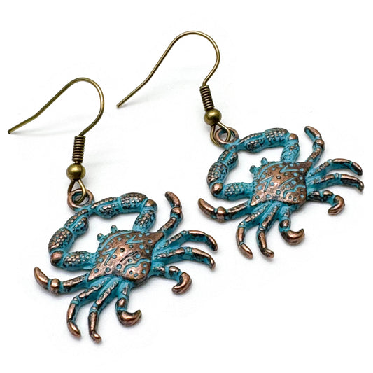 Crab Charm Earrings, Antique Bronze Tone Beads with Turquoise Patina