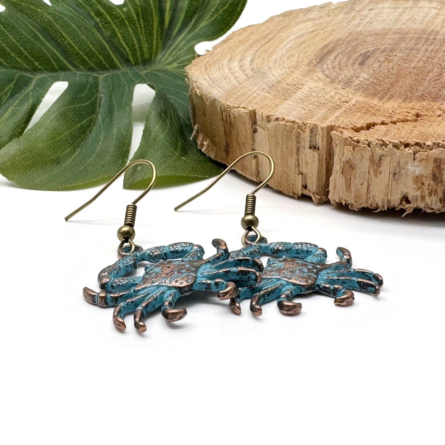 Crab Charm Earrings, Antique Bronze Tone Beads with Turquoise Patina