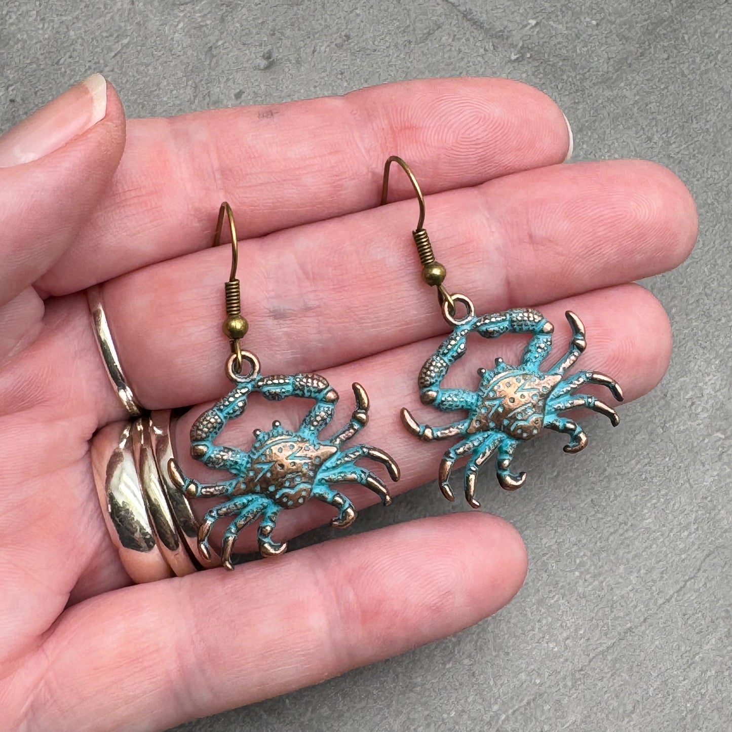 Crab Charm Earrings, Antique Bronze Tone Beads with Turquoise Patina