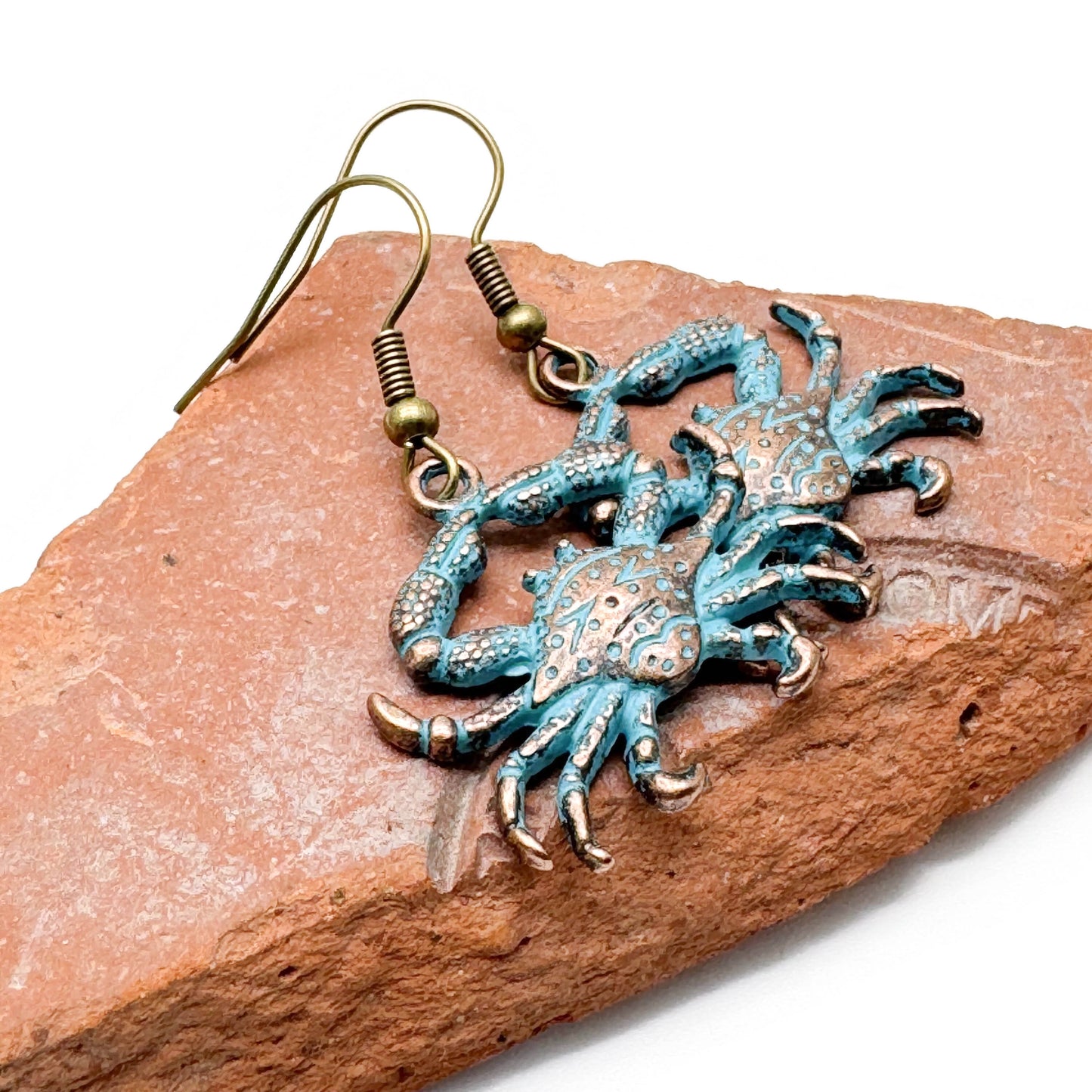 Crab Charm Earrings, Antique Bronze Tone Beads with Turquoise Patina