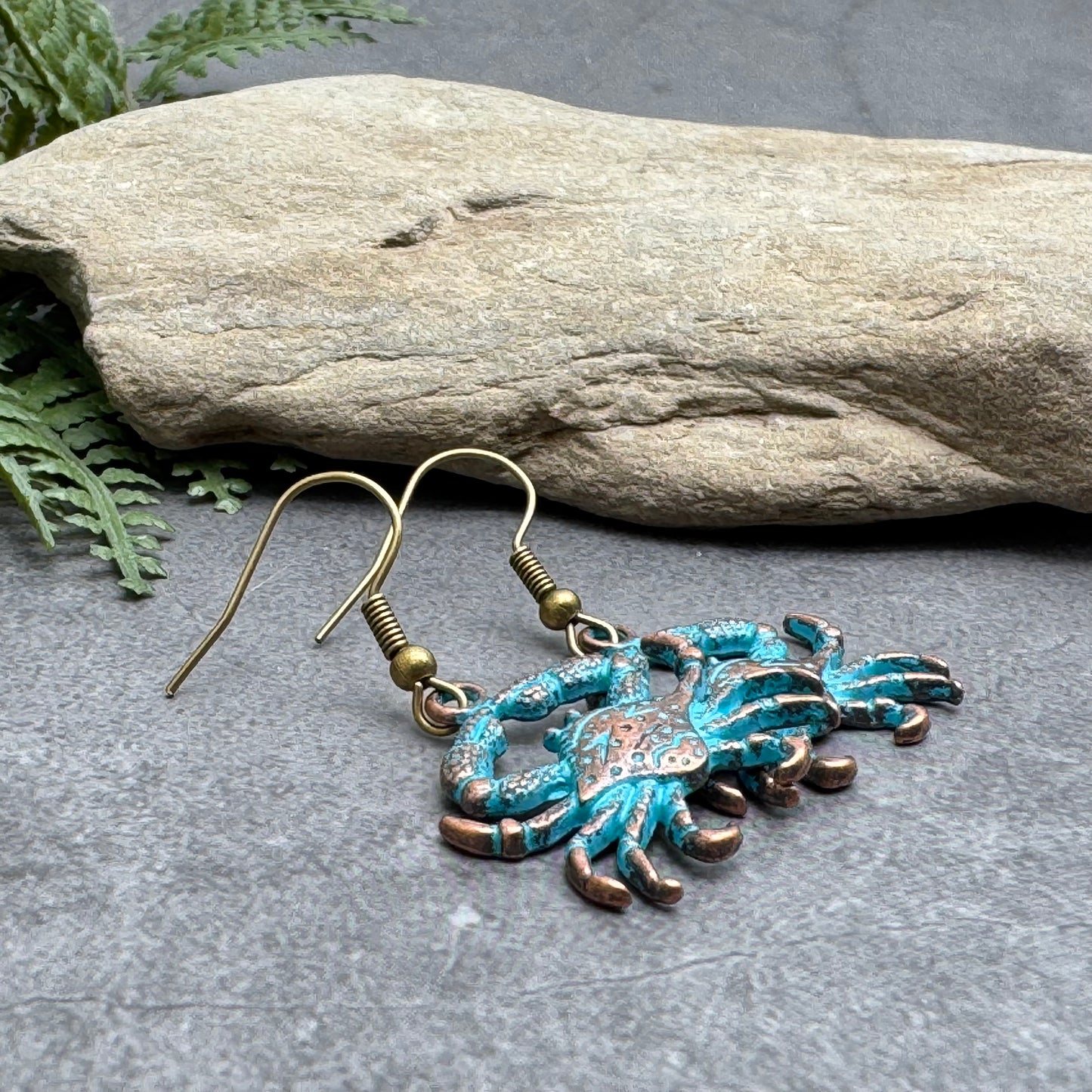 Crab Charm Earrings, Antique Bronze Tone Beads with Turquoise Patina