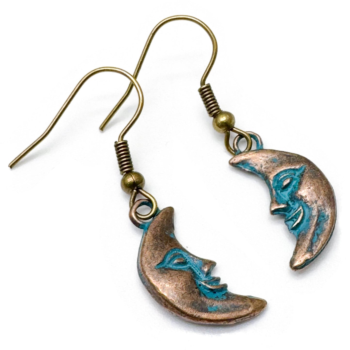 Man in the Moon Earrings, Antique Bronze Tone Charms, Turquoise Patina
