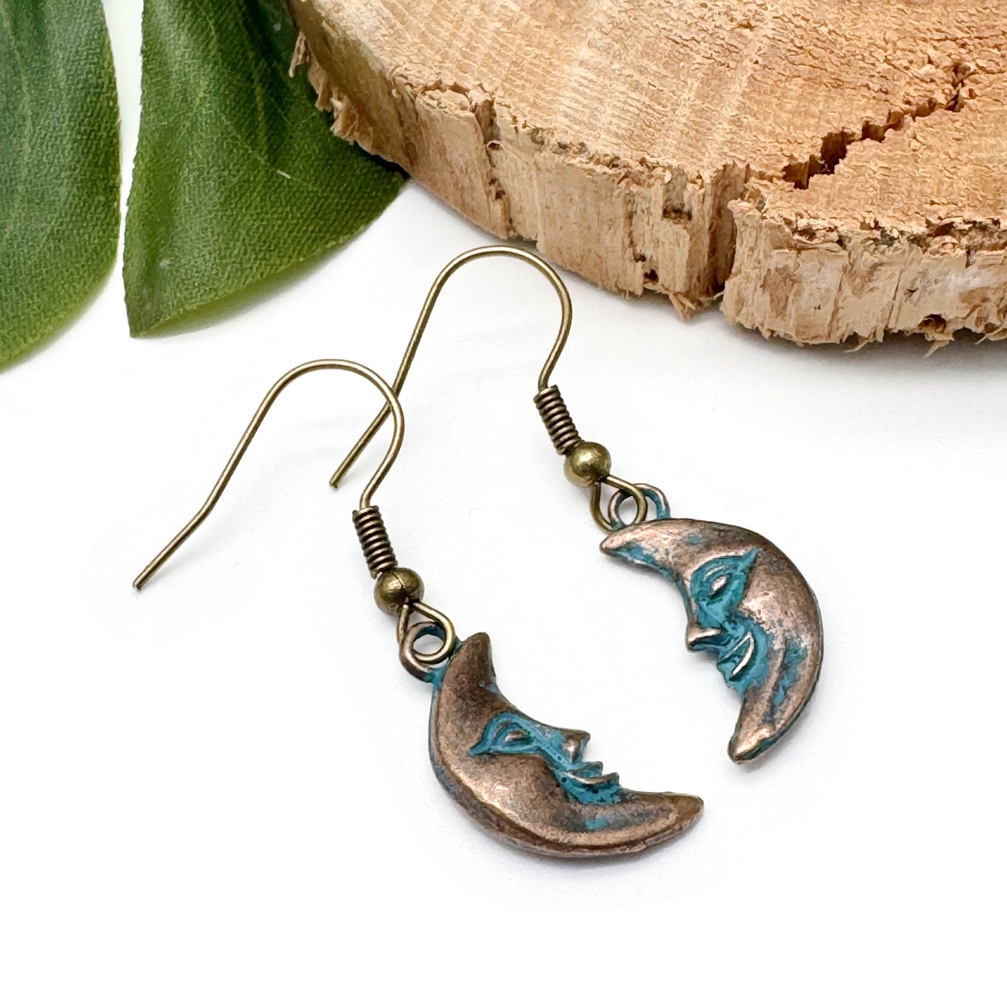 Man in the Moon Earrings, Antique Bronze Tone Charms, Turquoise Patina