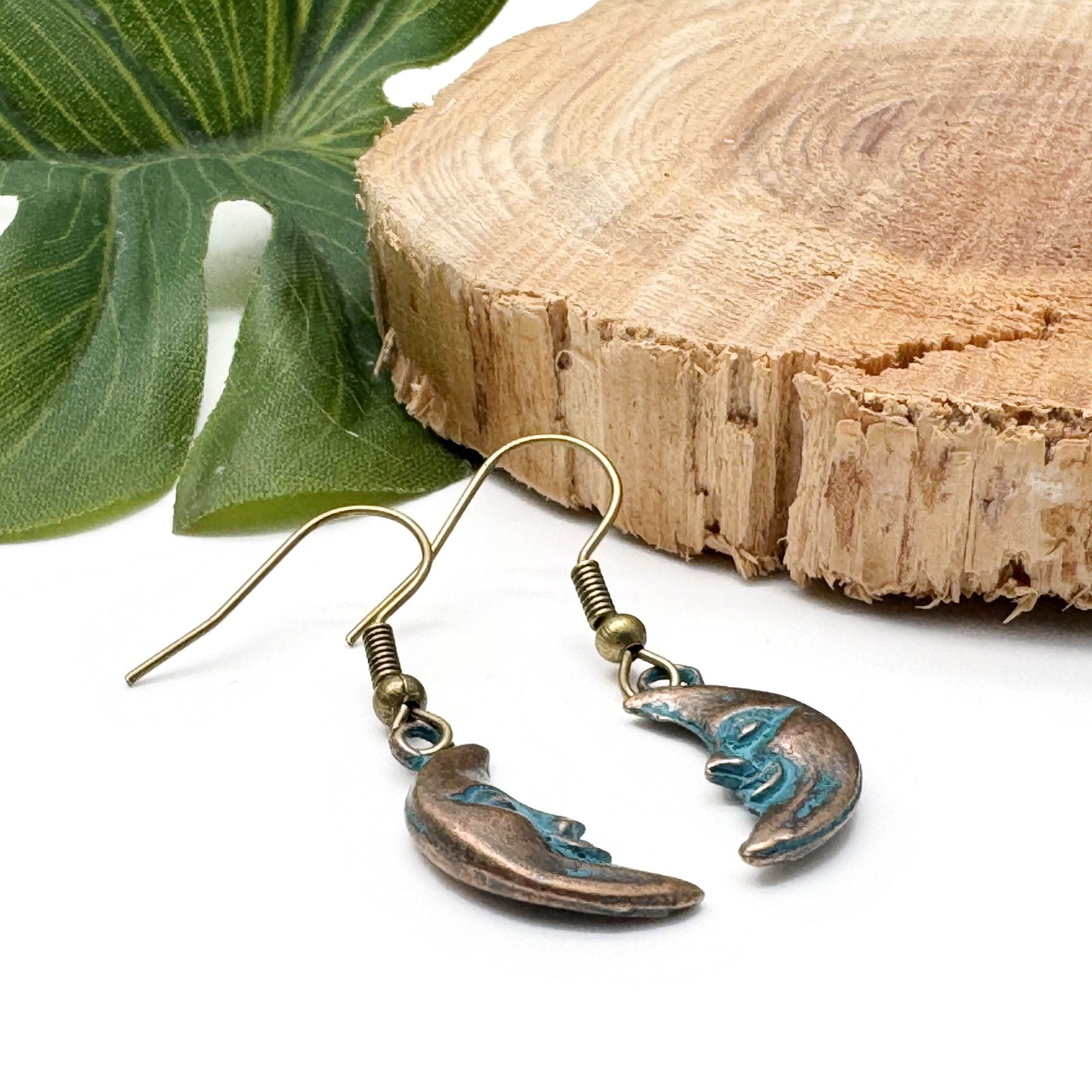 Man in the Moon Earrings, Antique Bronze Tone Charms, Turquoise Patina