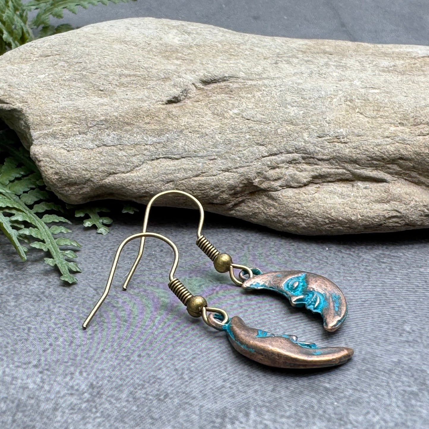 Man in the Moon Earrings, Antique Bronze Tone Charms, Turquoise Patina