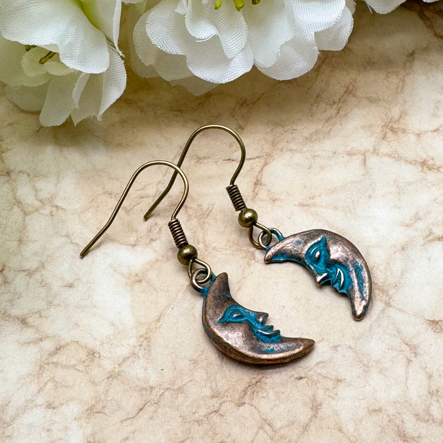 Man in the Moon Earrings, Antique Bronze Tone Charms, Turquoise Patina