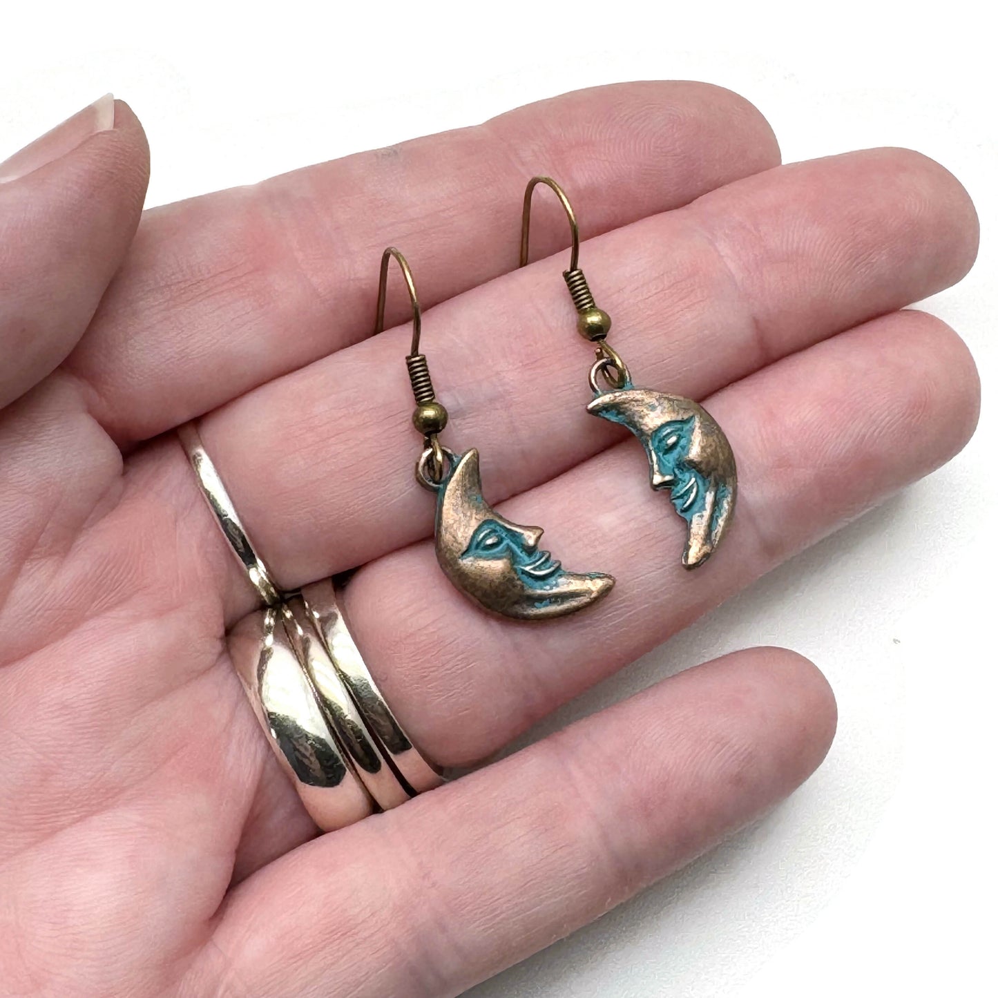 Man in the Moon Earrings, Antique Bronze Tone Charms, Turquoise Patina