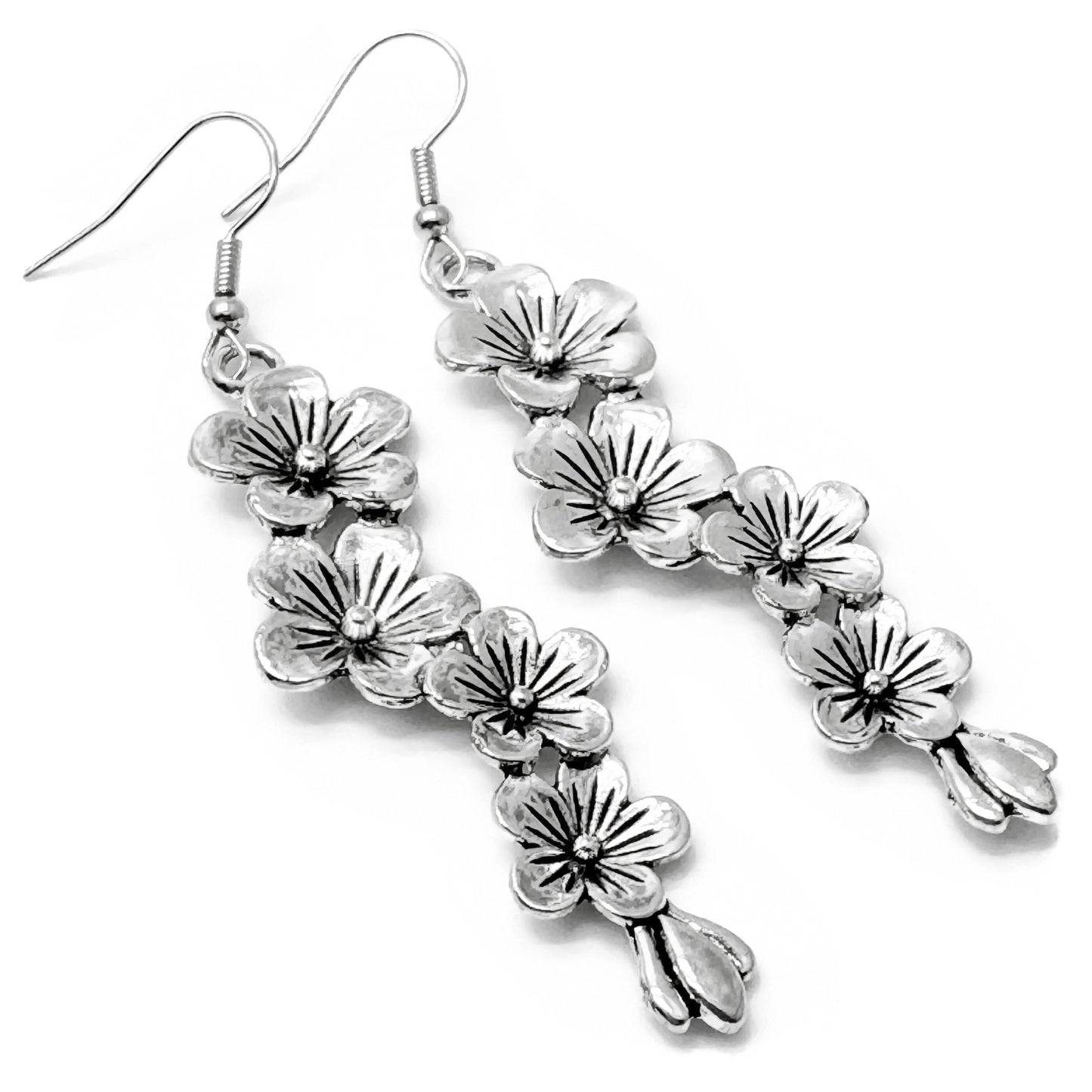 Long Flower Garland Earrings, Tibetan Silver Charms, 74mm Long