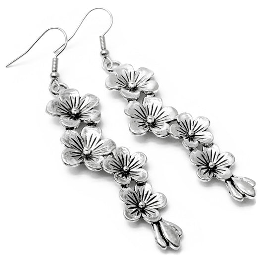 Long Flower Garland Earrings, Tibetan Silver Charms, 74mm Long