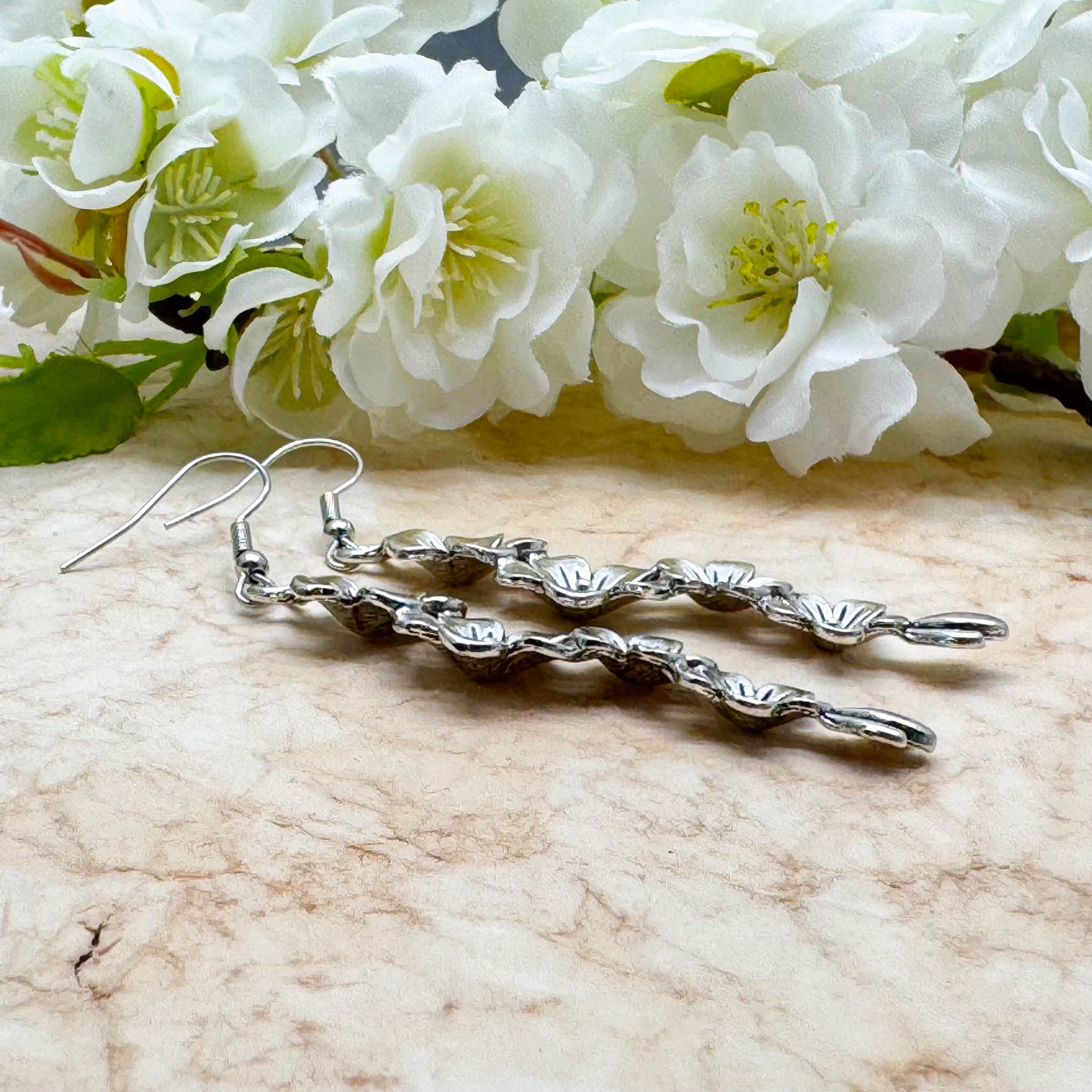 Long Flower Garland Earrings, Tibetan Silver Charms, 74mm Long