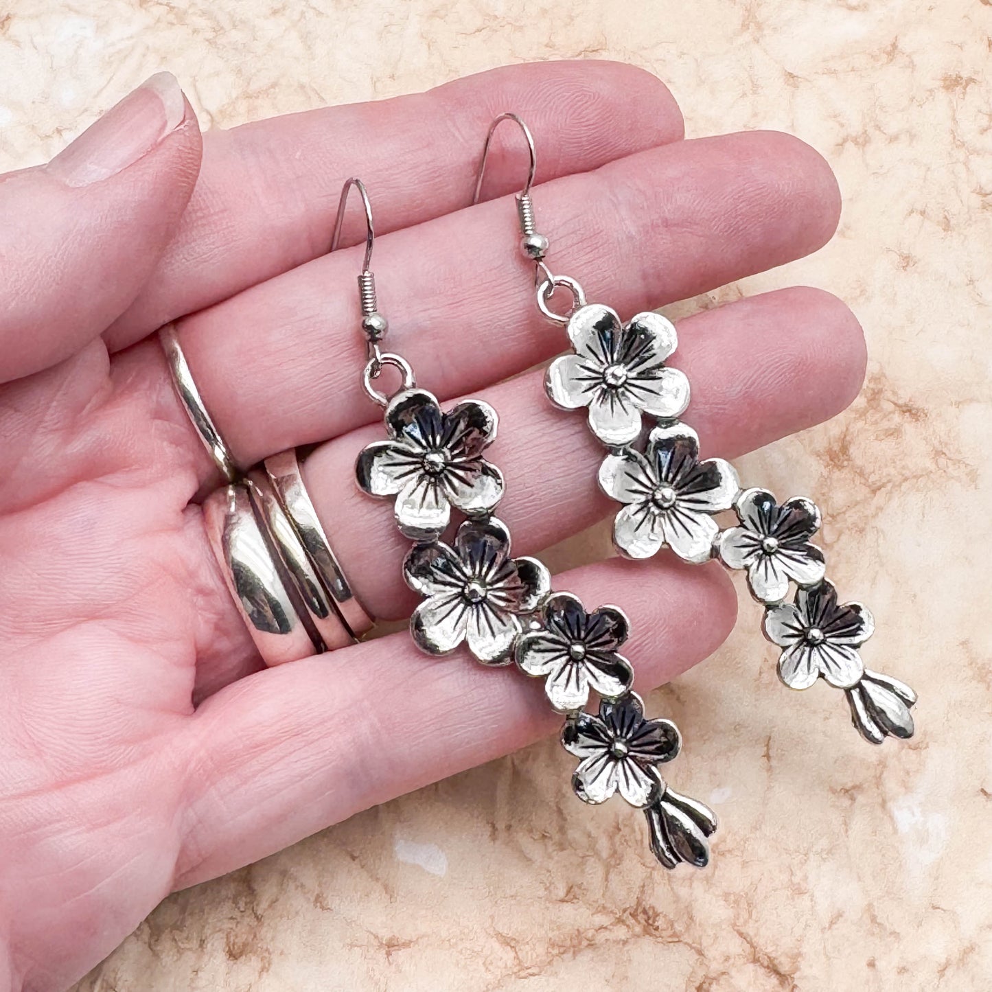 Long Flower Garland Earrings, Tibetan Silver Charms, 74mm Long