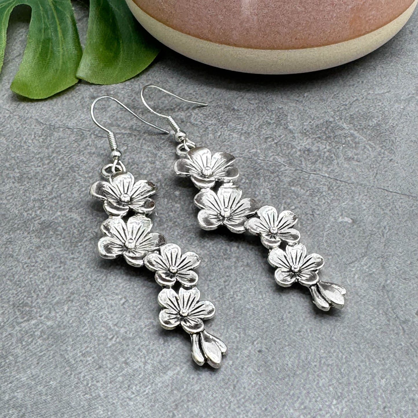 Long Flower Garland Earrings, Tibetan Silver Charms, 74mm Long