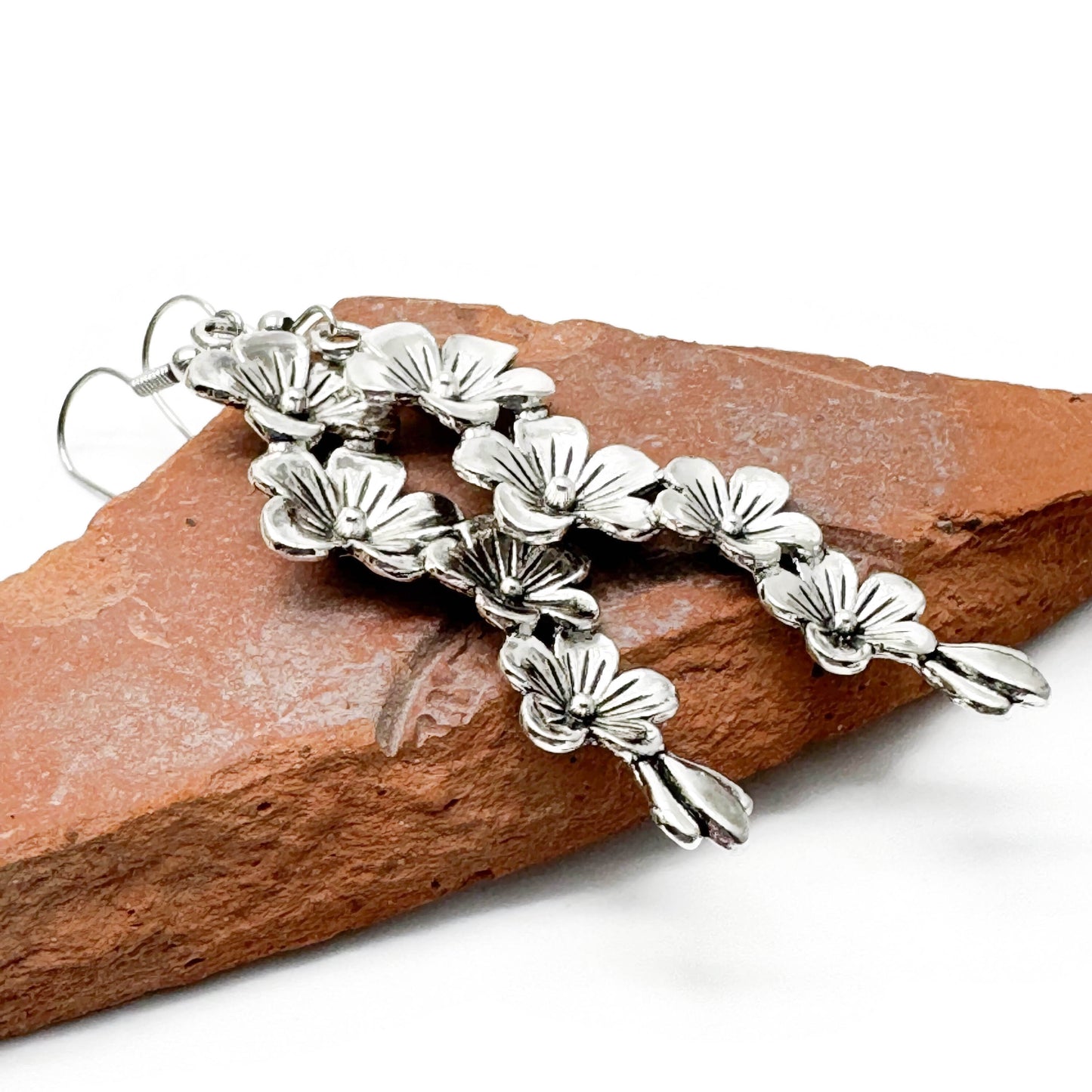 Long Flower Garland Earrings, Tibetan Silver Charms, 74mm Long